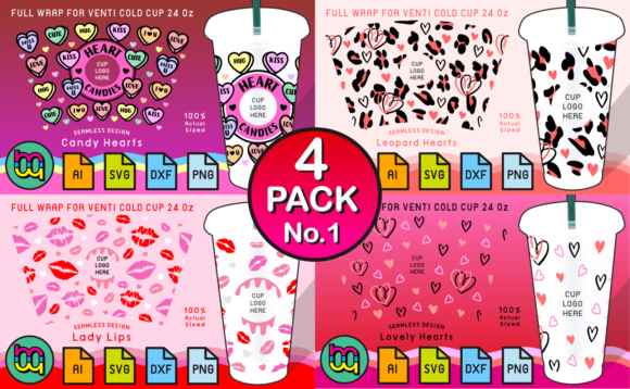 24oz Venti Cold Cup Svg Valentine 4 Pack: Graphics & Print Templates