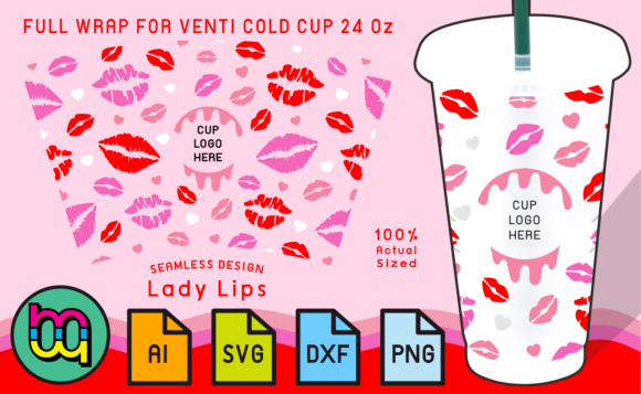 Lips Kiss Valentine 24oz Cold Cup Svg Graphics